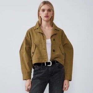 Zara Cropped Utility Jacket Duck Canvas Lapels Brown Collared Crop Sz. S NWT